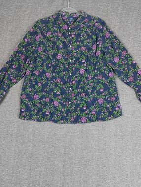 BASIC EDITIONS WOMENS VTG NAVY PURPLE FLORAL COTTON CORDUROY PEARL SNAP SHIRT 1X